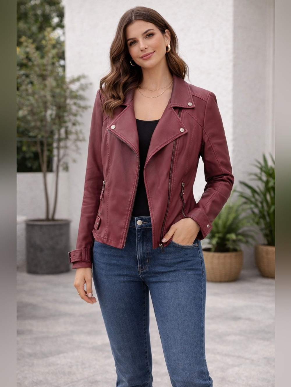 Max Studio Women’s Burgundy Faux Leather Moto Jacket Size M Biker Zip